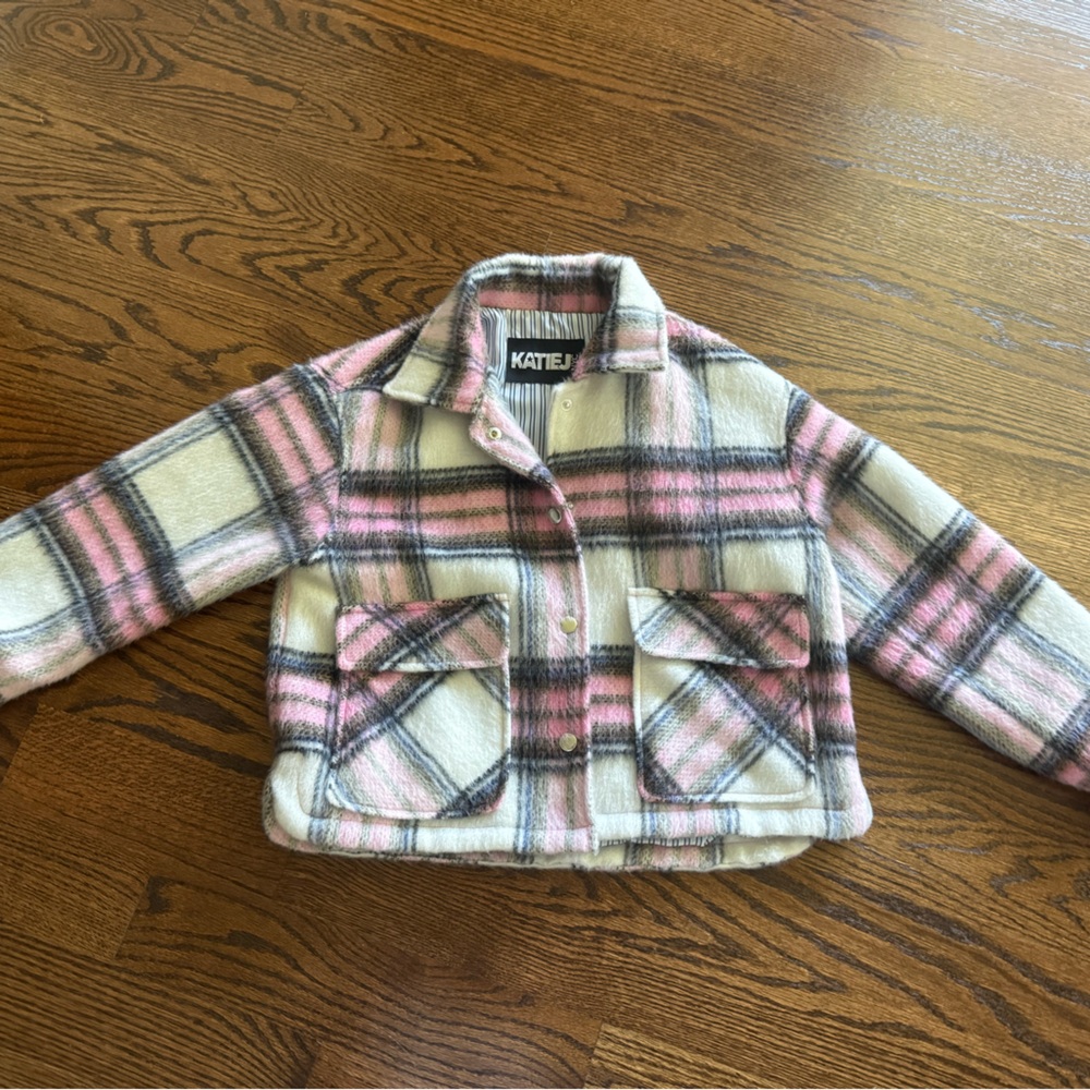 Kate Landry Pink and Cream Plaid Fleece Jacket